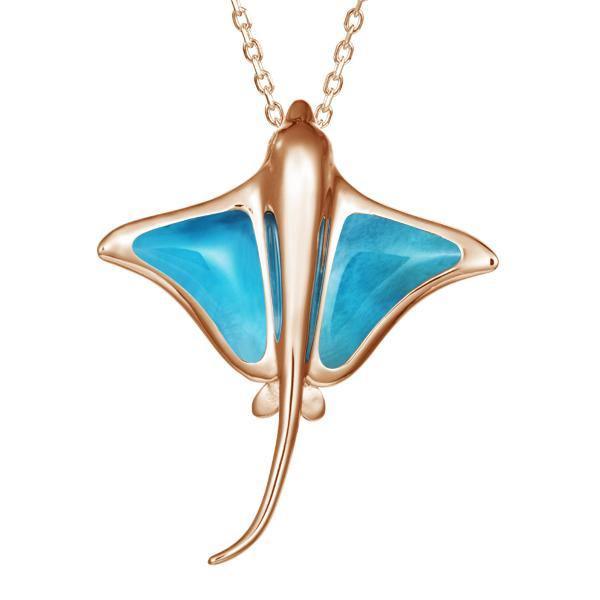 The picture shows a 14K rose gold larimar eagle ray pendant.