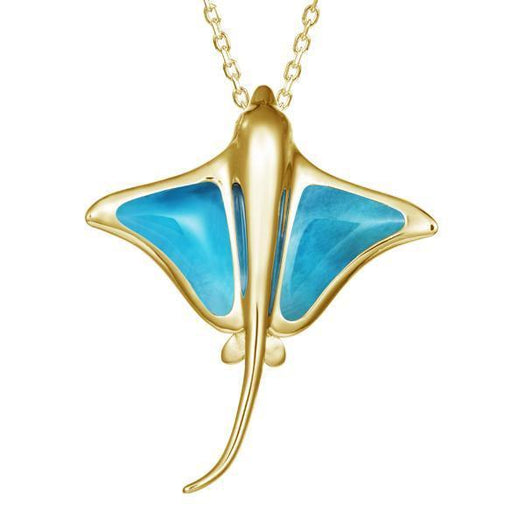 The picture shows a 14K yellow gold larimar eagle ray pendant.