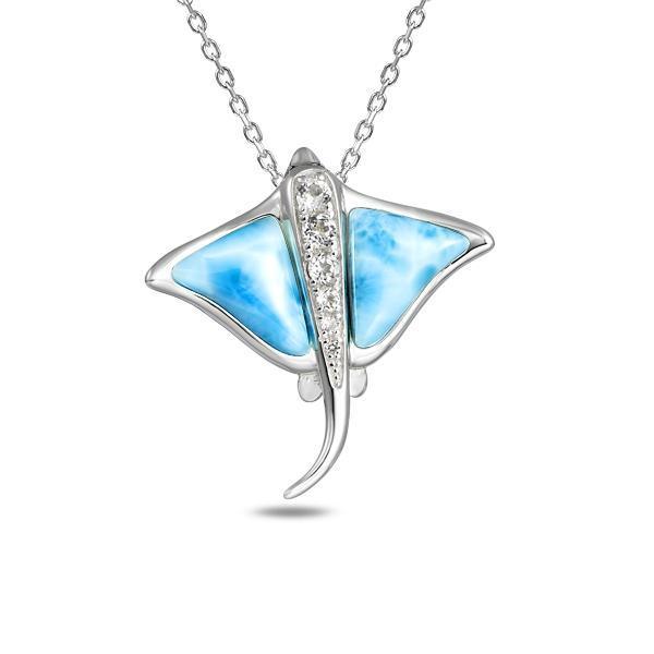 The picture shows a 925 sterling silver larimar eagle ray pendant with cubic zirconia.