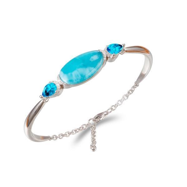 The picture shows a 925 sterling silver larimar eclipse bracelet with topaz bracelet with aquamarine.