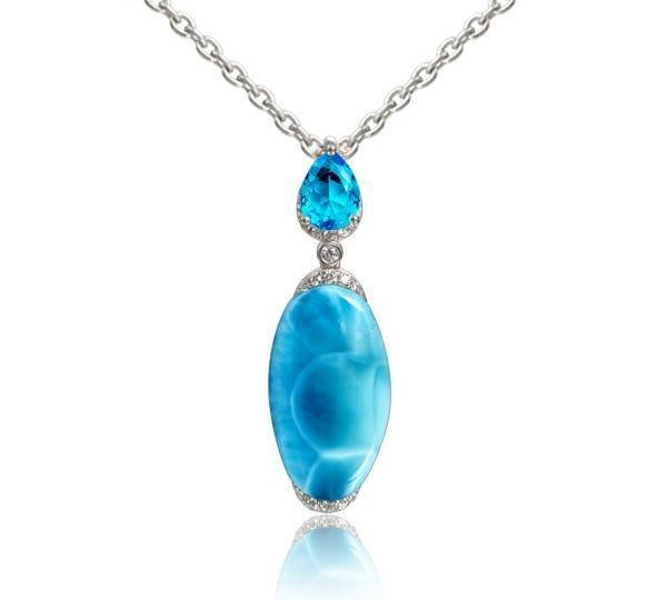 The picture shows a 925 sterling silver larimar pendant with topaz and cubic zirconia.