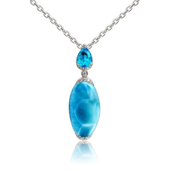 The picture shows a 925 sterling silver larimar pendant with topaz and cubic zirconia.