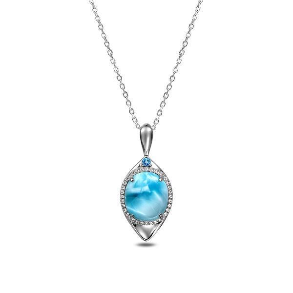 The picture shows a 925 sterling silver larimar eye of the storm pendant.
