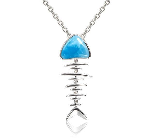The picture shows a 925 sterling silver larimar fish bone pendant with cubic zirconia.