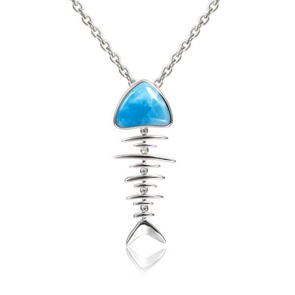 The picture shows a 925 sterling silver larimar fish bone pendant with cubic zirconia.