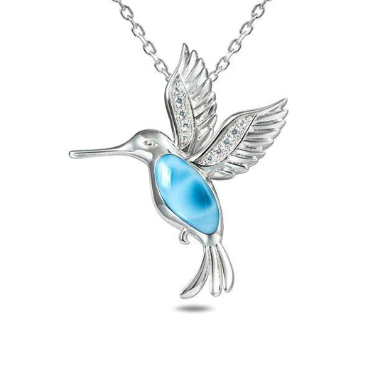 In this photo there is a sterling silver flying hummingbird pendant with topaz and one blue larimar gemstone.
