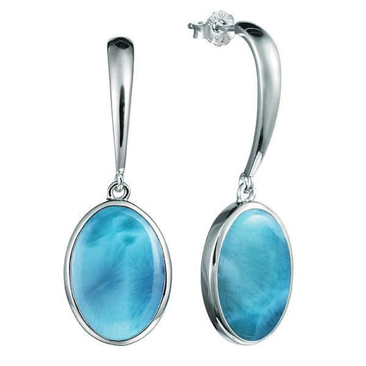 The picture shows a pair of 925 sterling silver larimar oval earrings.