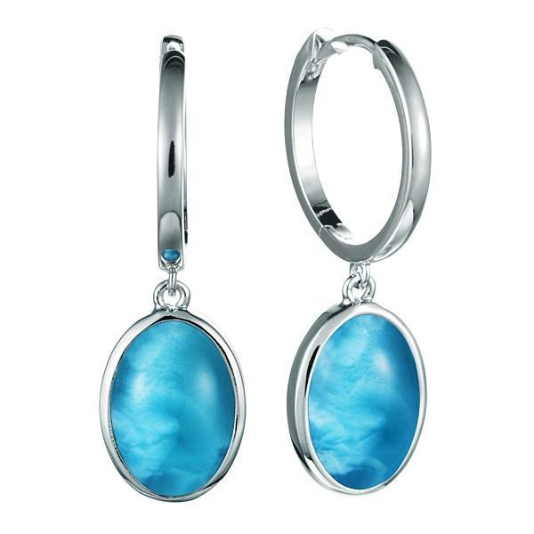 The picture shows a pair of 925 sterling silver larimar hoop earrings.