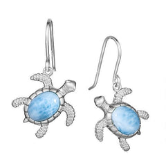 The picture shows a pair of 925 sterling silver larimar turtle hook earrings.