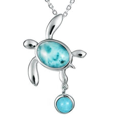 The picture shows a 925 sterling silver larimar sea turtle with a drop of water pendant.
