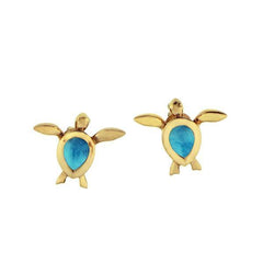 The picture shows a pair of 14K yellow gold sea turtle stud earrings with larimar gemstones.