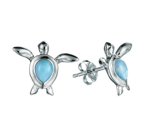 The picture shows a pair of 925 sterling silver a larimar sea turtle stud earrings.