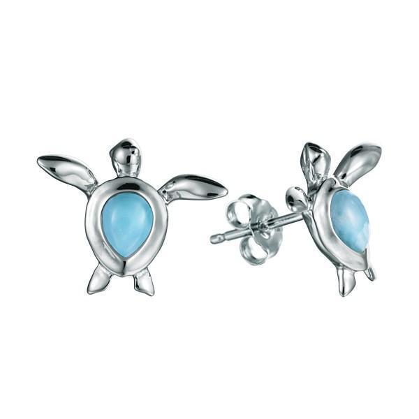 The picture shows a pair of 925 sterling silver a larimar sea turtle stud earrings.