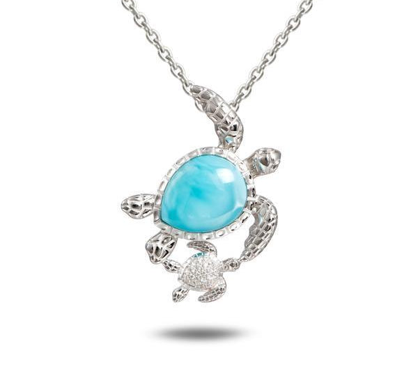 The picture shows a 925 sterling silver larimar sea turtle pendant.
