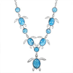 The picture shows a 925 sterling silver larimar sea turtle charm necklace.