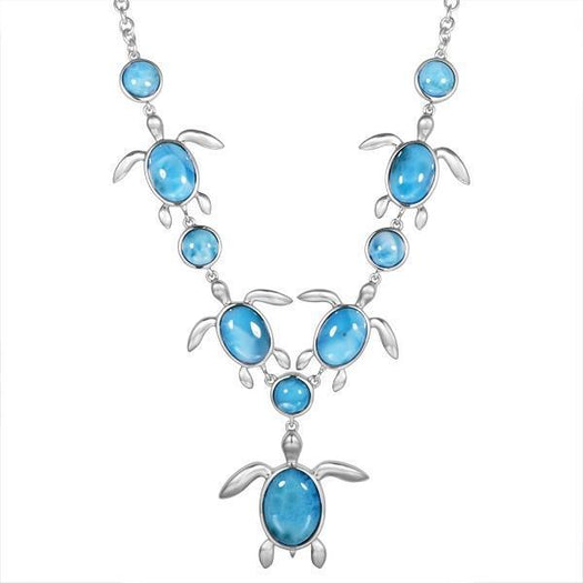The picture shows a 925 sterling silver larimar sea turtle charm necklace.