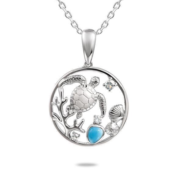 The picture shows a 925 sterling silver one stone larimar sea turtle pendant with larimar gemstones and topaz.