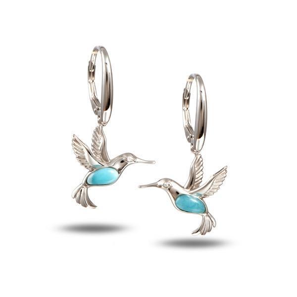 In this photo there is a pair of 925 sterling silver hummingbird lever-back earrings with blue larimar and topaz gemstones.