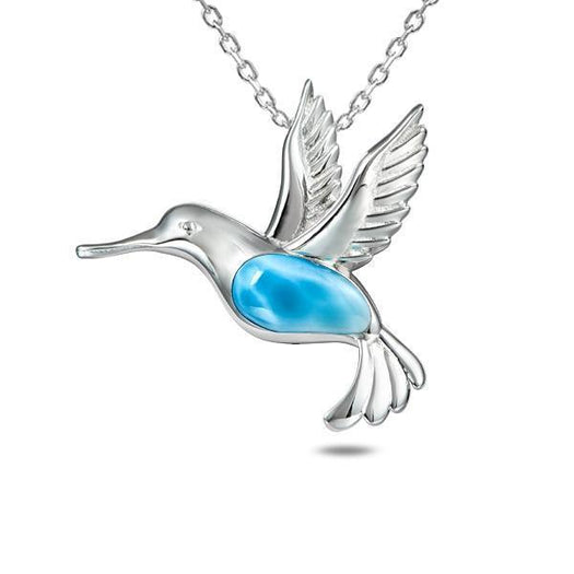 In this photo there is a sterling silver hummingbird pendant with one blue larimar gemstone.