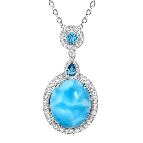 The picture shows a 925 sterling silver larimar pendant with topaz and sapphire.