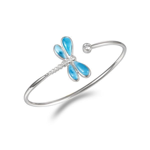 In this photo there is a 925 sterling silver dragonfly bangle with blue larimar and aquamarine gemstones.