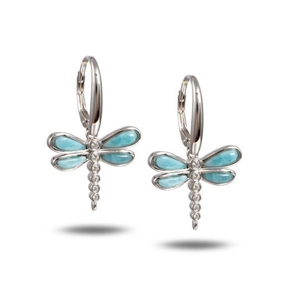 In this photo is a pair of 925 sterling silver dragonfly lever-back earrings with blue larimar and aquamarine gemstones.