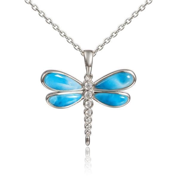 In this photo there is a sterling silver dragonfly pendant with blue larimar and aquamarine gemstones.