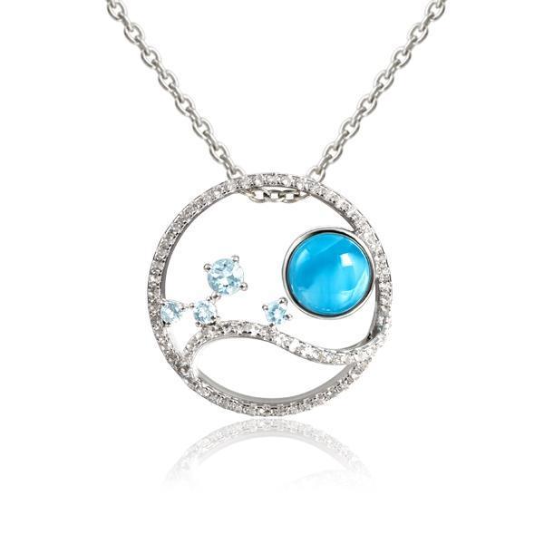 In this photo there is a sterling silver pendant with blue larimar, aquamarine and topaz.