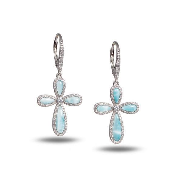 The picture shows a pair of 925 sterling silver larimar cross lever-back earrings with topaz.