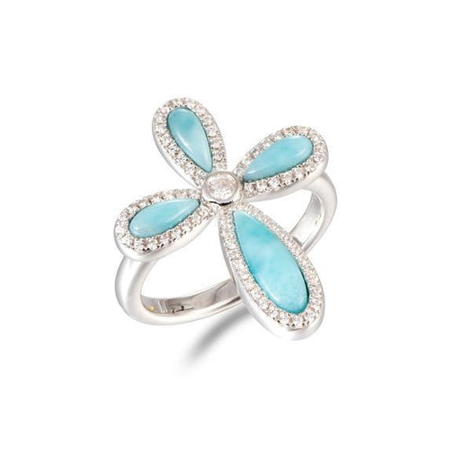 The picture shows a 925 sterling silver larimar cross ring with topaz