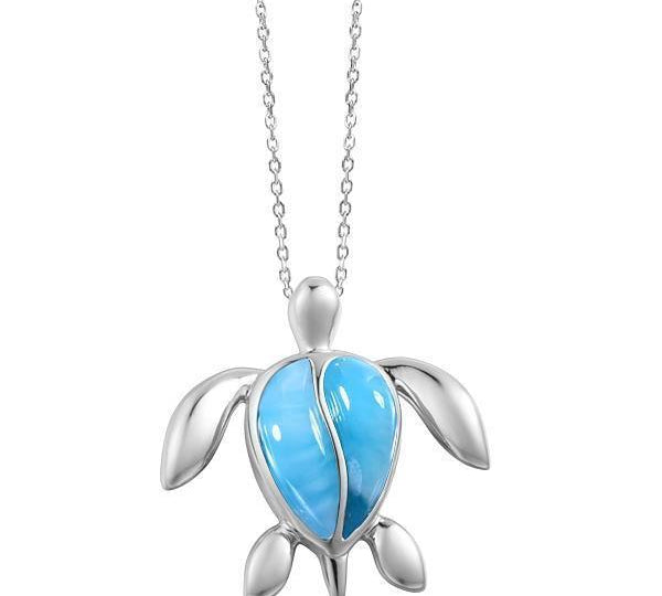 The picture shows a 925 sterling silver larimar sea turtle pendant.