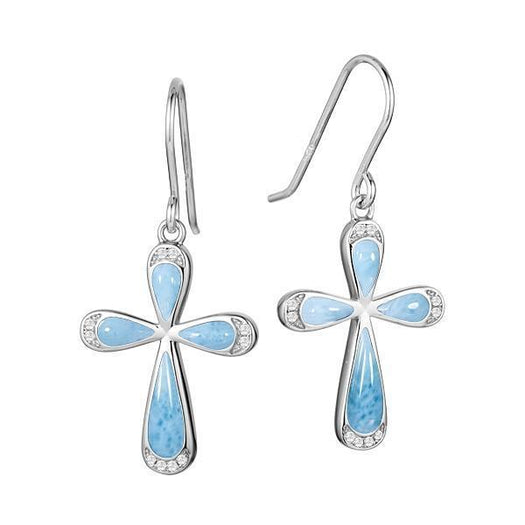 The picture shows a pair of 925 sterling silver larimar cross earrings with topaz.