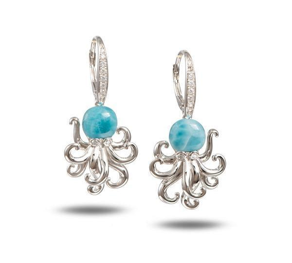 The picture shows 925 sterling silver larimar octopus lever-back earrings with topaz and aquamarine gemstones.