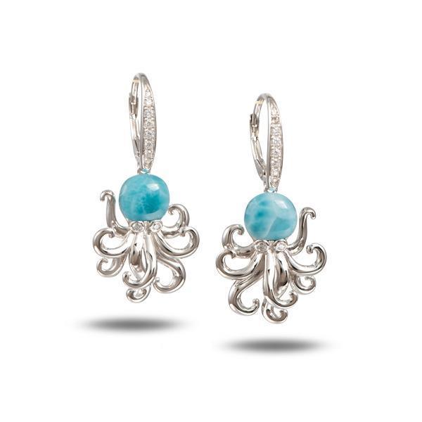 The picture shows 925 sterling silver larimar octopus lever-back earrings with topaz and aquamarine gemstones.