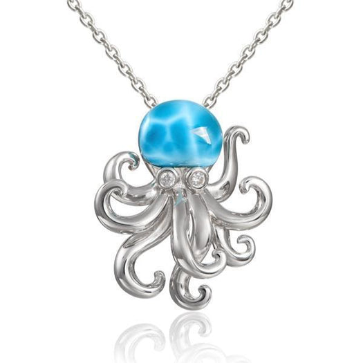 The picture shows a 925 sterling silver larimar octopus pendant with cubic zirconia eyes.