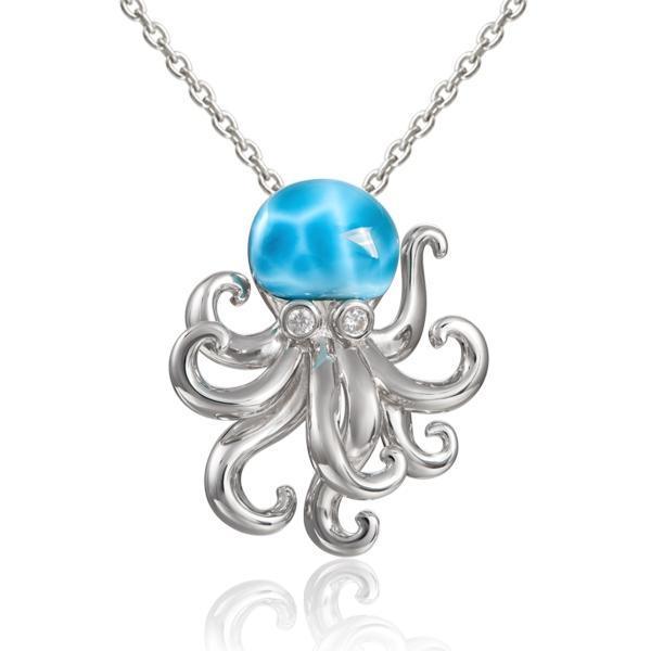 The picture shows a 925 sterling silver larimar octopus pendant with cubic zirconia eyes.