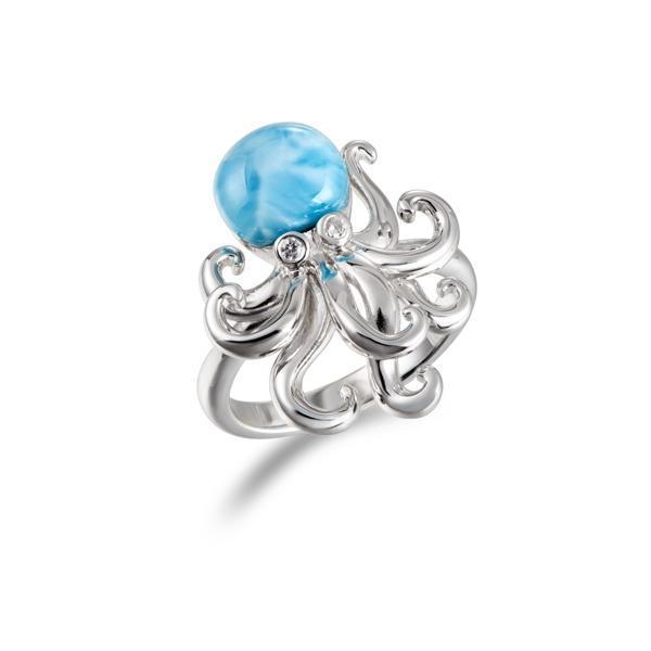 The picture shows a 925 sterling silver larimar octopus ring with topaz eyes.