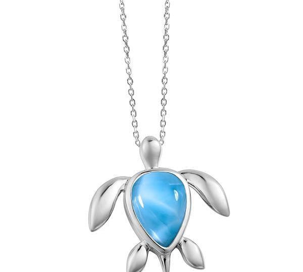 The picture shows a 925 sterling silver larimar sea turtle pendant.