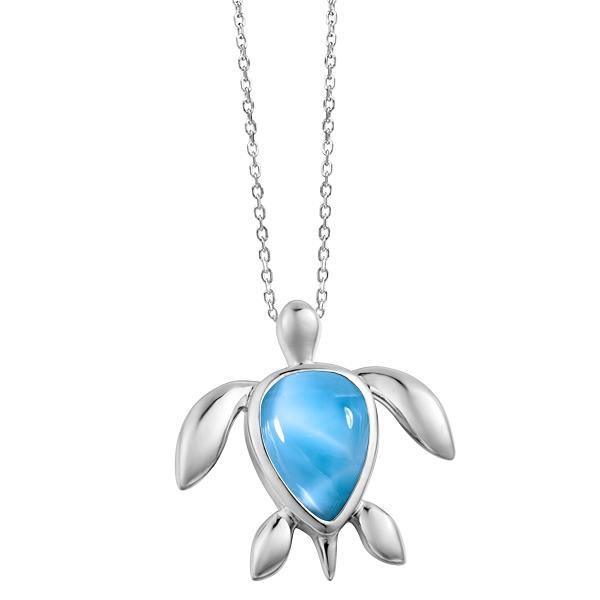 The picture shows a 925 sterling silver larimar sea turtle pendant.