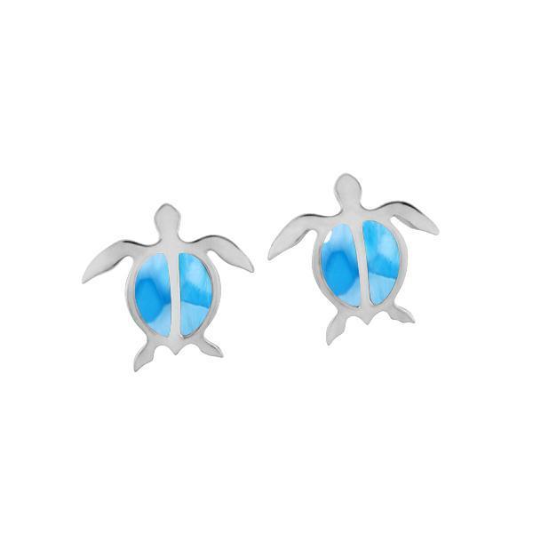The picture shows a pair of 925 sterling silver larimar sea turtle stud earrings.
