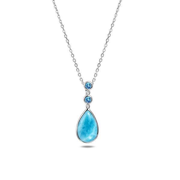 The picture shows a 925 sterling silver larimar teardrop pendant with topaz.