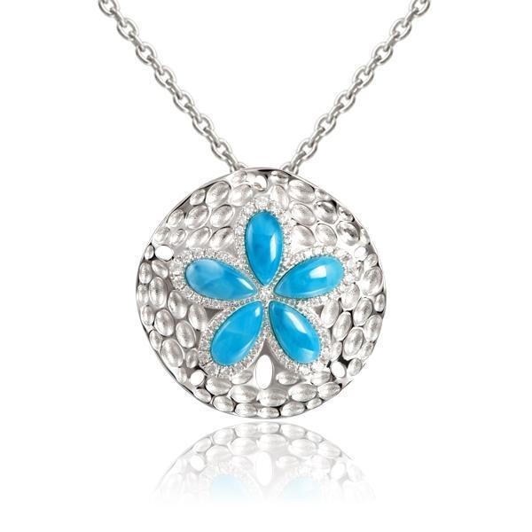 The picture shows a 925 sterling silver larimar living sand dollar pendant.