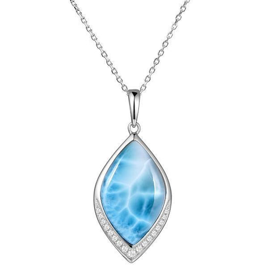 The picture shows a 925 sterling silver larimar loa mandorla pendant with topaz.