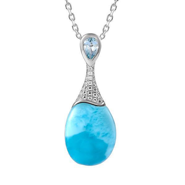 The picture shows a 925 sterling silver larimar love potion bottle pendant with aquamarine and topaz.