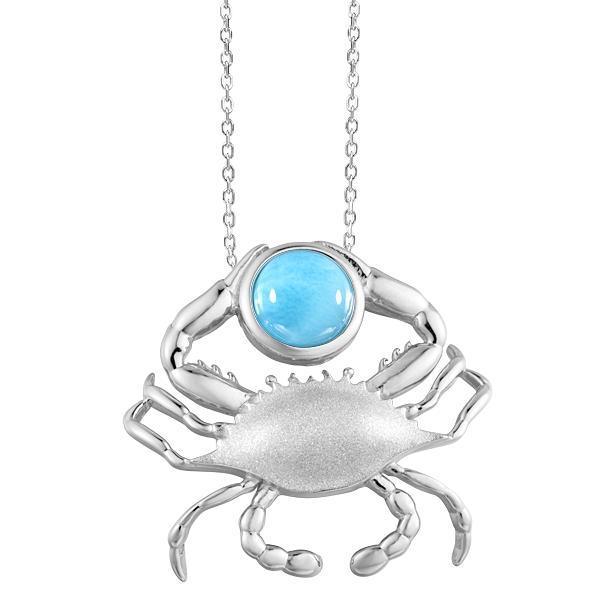 The picture shows a 925 sterling silver larimar lucky blue crab pendant.