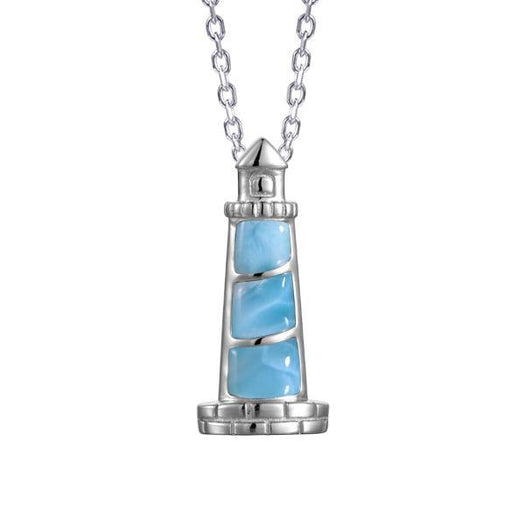 In this picture there is a lighthouse pendant with blue larimar gemstones set in sterling silver.