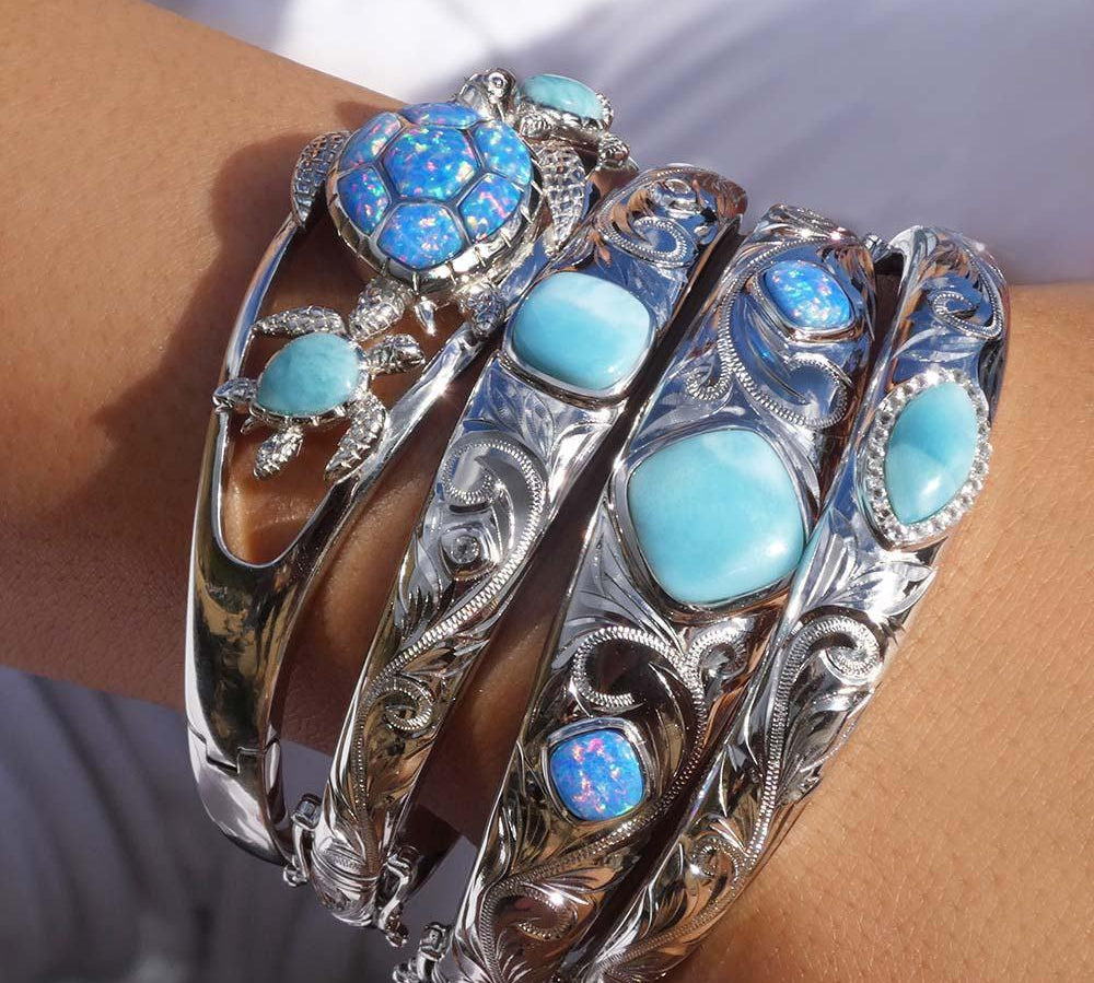 Larimar Mandorla Engraved Scroll Bangle Bangle Island by Koa Nani 