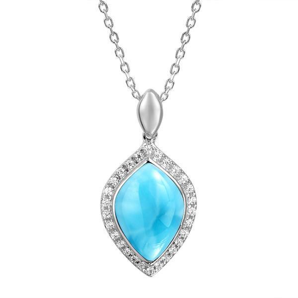 The picture shows a 925 sterling silver larimar mandorla pendant with topaz.