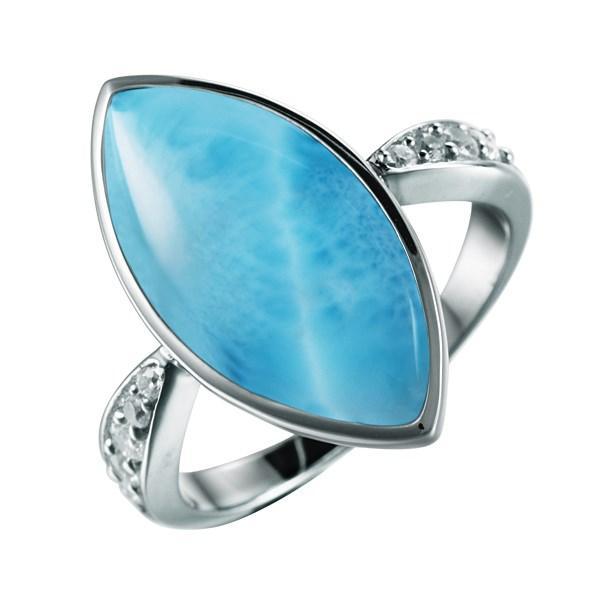 The picture shows a 925 sterling silver larimar mandorla ring with a topaz band.