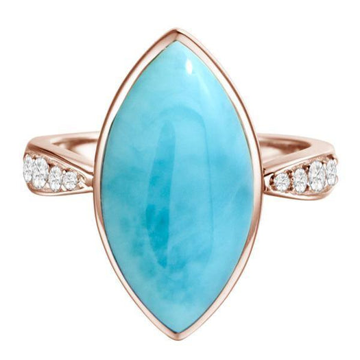 The picture shows a 14K rose gold larimar mandorla ring with a diamond band.